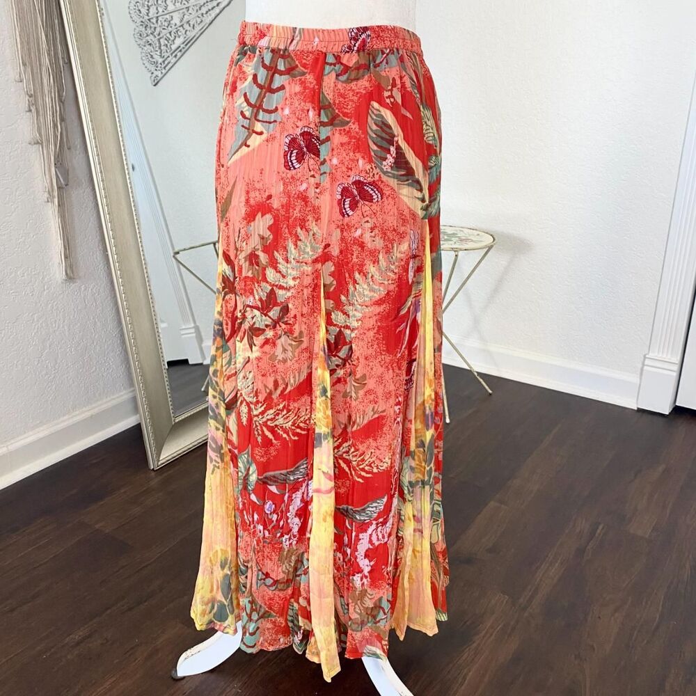 Vibrant Tropical Red Orange Yellow Butterfly Pleated Mesh Maxi Skirt XL